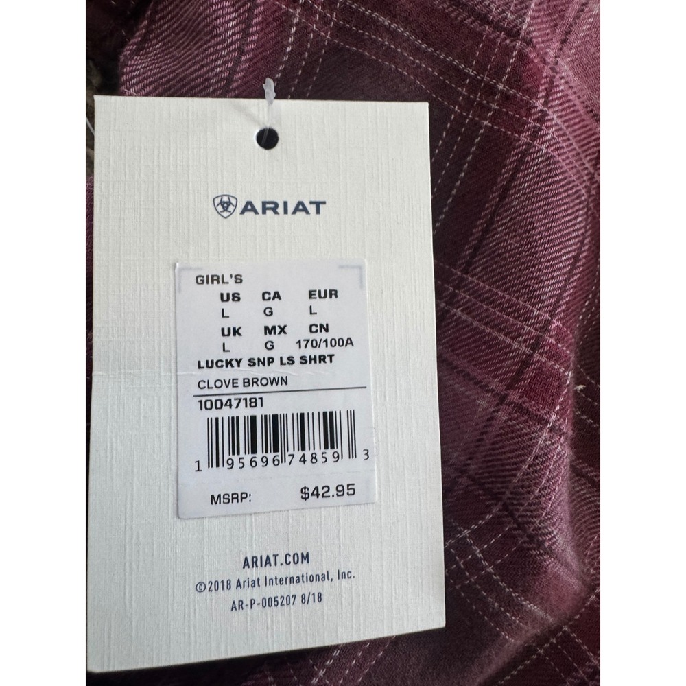 Ariat Girls Plaid Snap Front Long Sleeve Shirt Lucky SNP Clove Brown Youth L 12 - Picture 4 of 6